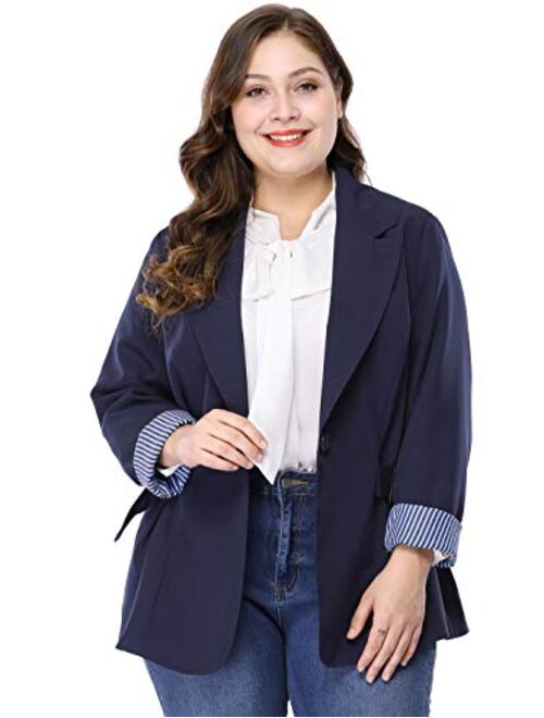 Agnes Orinda Women's Plus Size Contrast Stripe Cuff Notched Lapel Casual Blazer