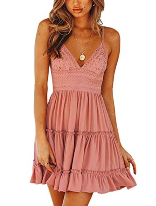 Buy ECOWISH Womens V-Neck Spaghetti Strap casual Bowknot Backless  Sleeveless Lace Mini Swing Skater Dress online | Topofstyle