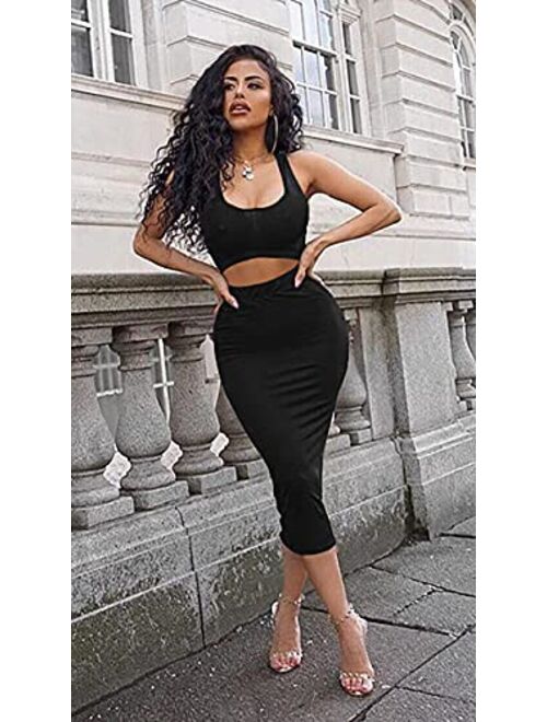 GOBLES Women's Sexy Summer Outfits Bodycon Tank Top Midi Skirt 2 Piece Dress