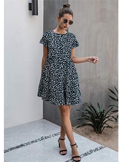 KIRUNDO 2020 Summer Womens Ruffle Mini Dress Short Sleeves Leopard Floral Round Neck Loose Pleated Dress