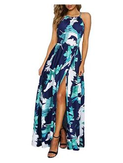 KILIG Women's Summer Casual Sleeveless Halter Neck Floral Print Beach Party Split Maxi Long Dress with Pockets