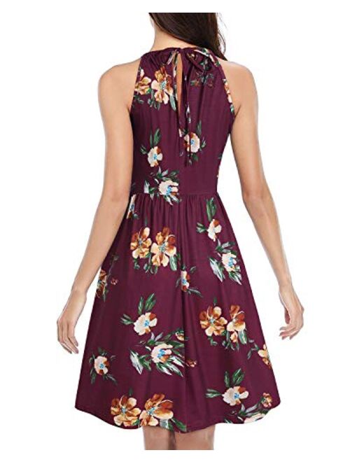 KILIG Women's Halter Neck Floral Summer Dress Casual Sundress with Pockets