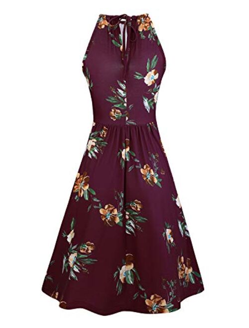 KILIG Women's Halter Neck Floral Summer Dress Casual Sundress with Pockets
