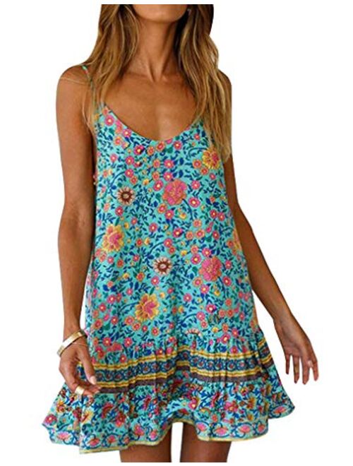Womens Boho Floral Printed Dress Summer Casual Spaghetti Strap Beach Mini Dress with Pockets