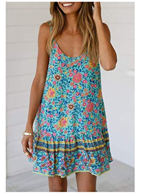 Womens Boho Floral Printed Dress Summer Casual Spaghetti Strap Beach Mini Dress with Pockets