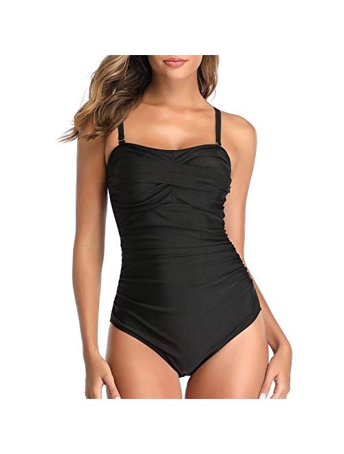 Smismivo Tummy Control Swimwear Black Strapless One Piece Swimsuit Ruched Padded Bathing Suits Women Slimming Bandeau Bikini