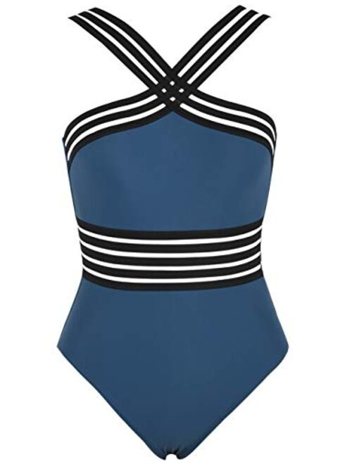Buy Hilor Women's One Piece Swimwear Front Crossover Swimsuits Hollow ...