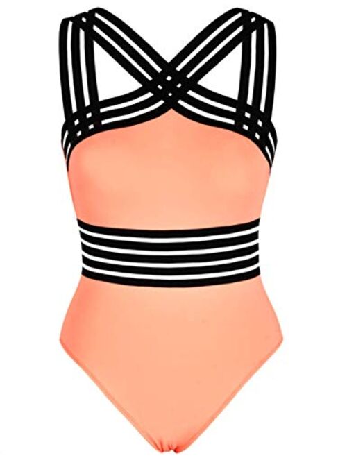 Hilor Womens One Piece Swimwear Front Crossover Swimsuits Hollow Bathing Suits Monokinis