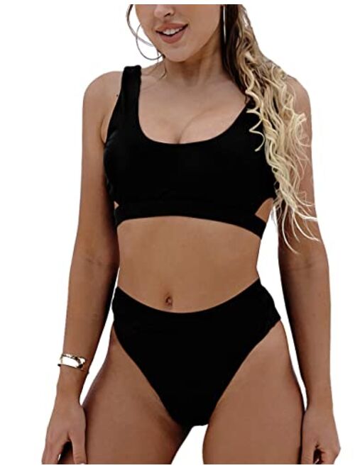 Blooming Jelly Women's High Waisted Swimsuit Crop Top Cut Out Two Piece Cheeky High Rise Bathing Suit Bikini