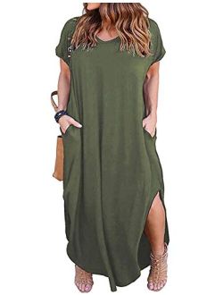 Kancystore Women's Plus Size Casual Loose Pocket Long Dress Short Sleeve Plus Size Slit Maxi Dress XL-5X
