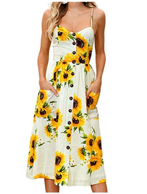 PIZOFF Women's Dresses Summer Floral Backless Spaghetti Strap Button Down Midi Dress with Pockets