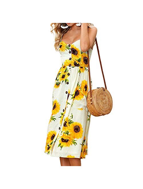 PIZOFF Women's Dresses Summer Floral Backless Spaghetti Strap Button Down Midi Dress with Pockets
