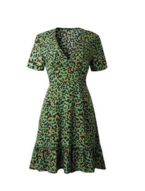 ECOWISH Womens Deep V Neck Floral Leopard Dress Short Sleeve Sexy Ruffles Fashion Mini Dress
