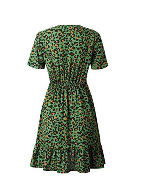 ECOWISH Womens Deep V Neck Floral Leopard Dress Short Sleeve Sexy Ruffles Fashion Mini Dress