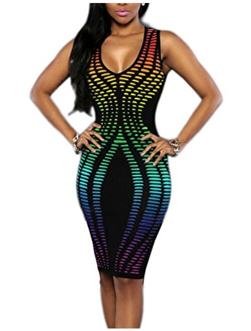 Vivilover Women's Sexy V-Neck Party Dresses Sleeveless Stripe Print Bodycon Midi Club Dress