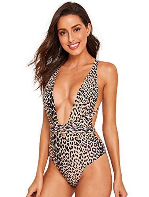 SweatyRocks Women's Sexy Bathing Suits Criss Cross Tie Knot Front Deep V Open Back Leopard One Piece Swimwear