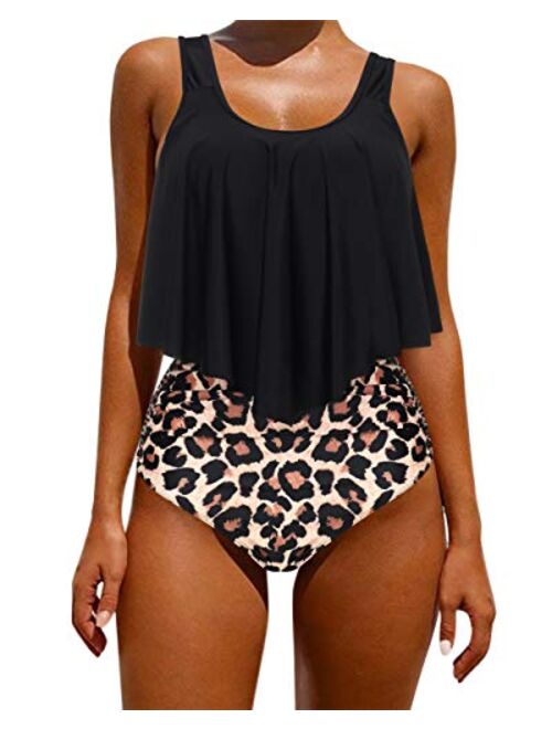 OMKAGI Women's Ruffle Bikini Swimsuit High Waisted Bottom Plus Size Swimwear Tankini