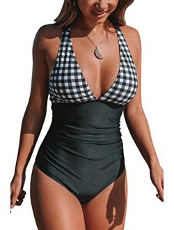 Women's Gingham Ruched Back Cross One Piece Swimsuit