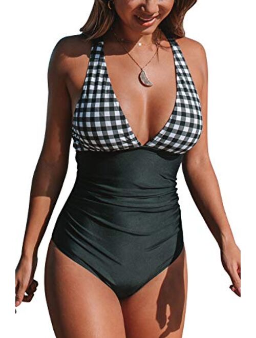 CUPSHE Women's Gingham Ruched Back Cross One Piece Swimsuit
