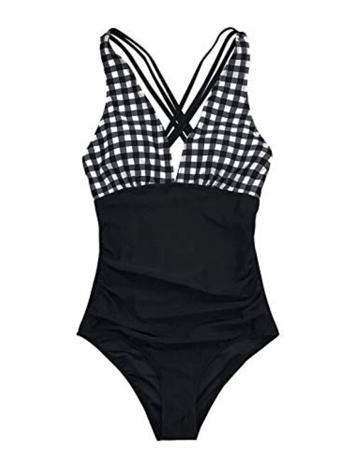 CUPSHE Women's Gingham Ruched Back Cross One Piece Swimsuit