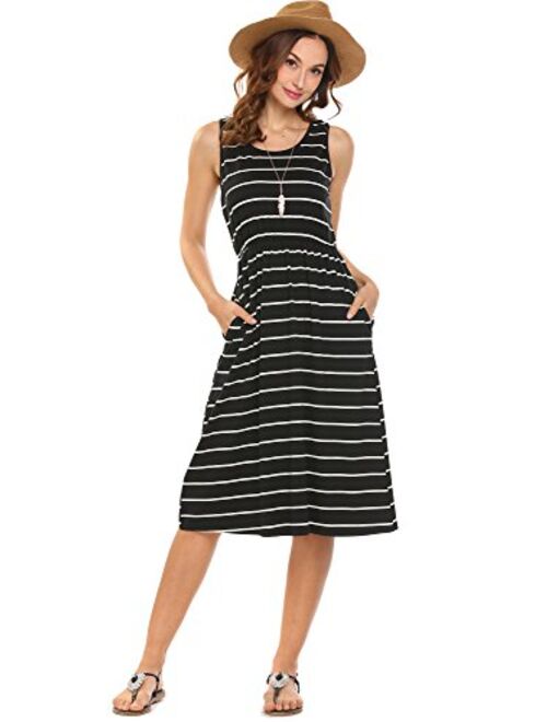 Hount Women's Summer Sleeveless Striped Empire Waist Loose Midi Casual Dress with Pockets