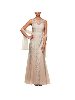 Long Embroidered Fit-and-Flare Dress with Godet Detail Skirt and Shawl