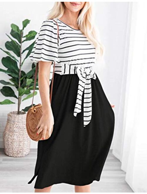 MEROKEETY Women's Summer Striped Ruffle Sleeves Tie Waist Pockets Casual Swing Midi Dress