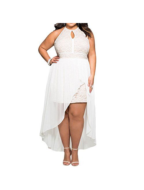 818 - Plus Size Hi Low Lace Overlay Halter Cocktail Wedding Maxi Dress