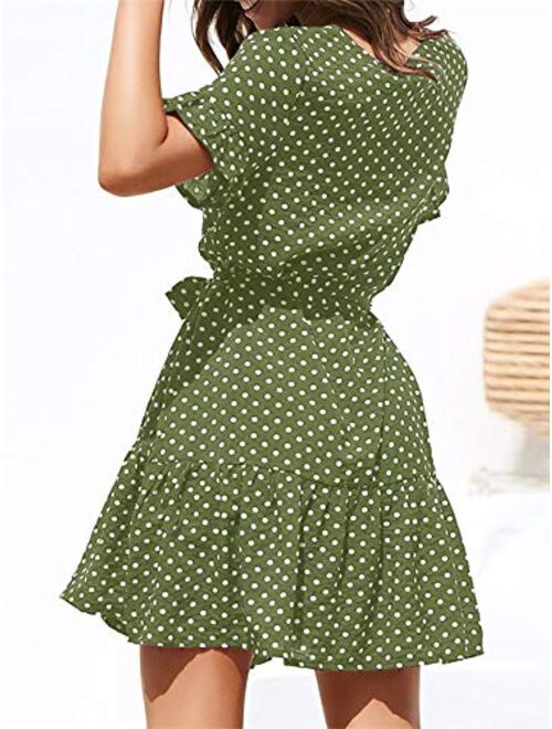 SAIKESIGIRL Womens Polka Dot Button Down Dress Boho Short Sleeve Ruffle Mini Dresses with Belt