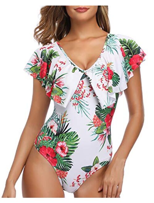 Tempt Me Women One Piece Flounce Ruffle Swimsuit Deep V Neck Plunge Swimwear