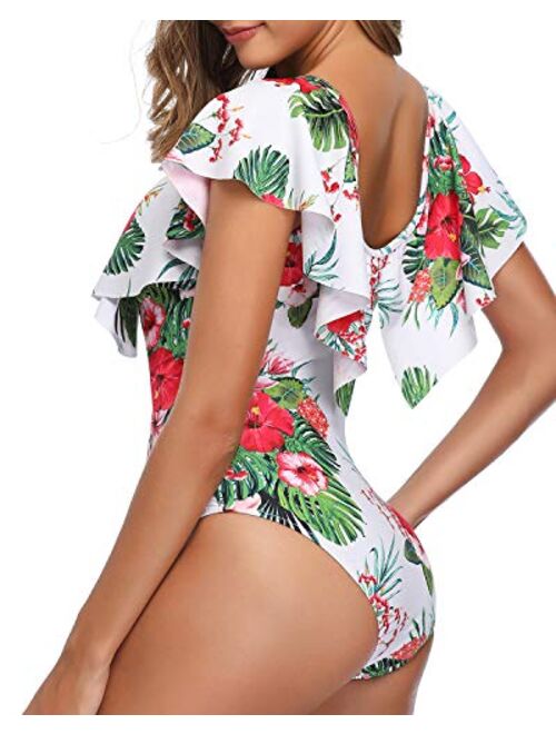 Tempt Me Women One Piece Flounce Ruffle Swimsuit Deep V Neck Plunge Swimwear