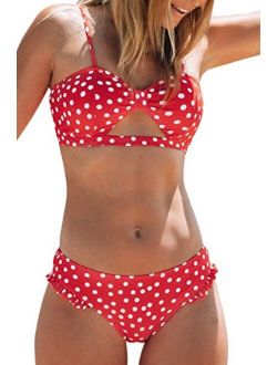 Women's Red Polka Dot Cutout Ruffles Back Hook Closure Bikini Sets