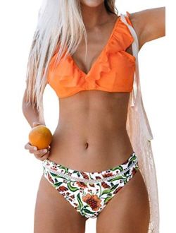 Women's Orange Floral Bottom Ruffle Hook Closure Bikini Set