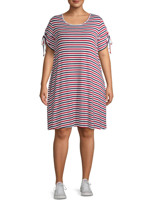 Terra & Sky Women's Plus Size Ruched Short Sleeve Striped T-Shirt Dress