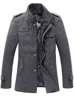 Men's Stand Collar Wool-Blend Classic Pea Coat with Removable Inner Collar
