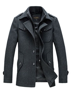 Men's Stand Collar Wool-Blend Classic Pea Coat with Removable Inner Collar