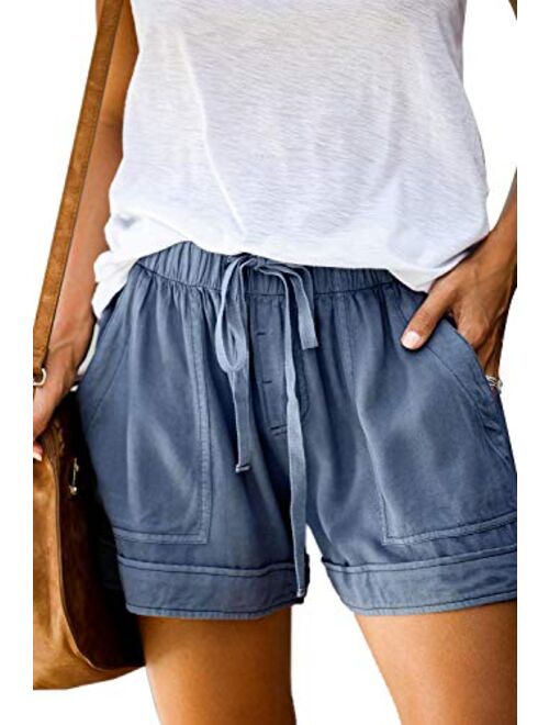 MEROKEETY Women's Elastic Waist Drawstring Belt Solid Color Comfy Shorts with Pockets