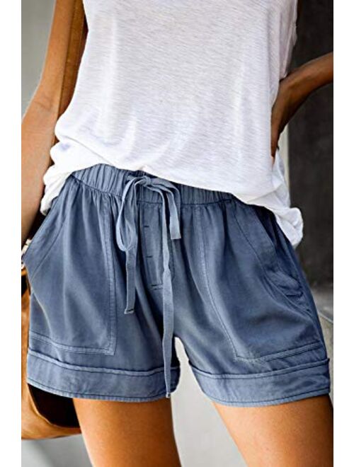 MEROKEETY Women's Elastic Waist Drawstring Belt Solid Color Comfy Shorts with Pockets