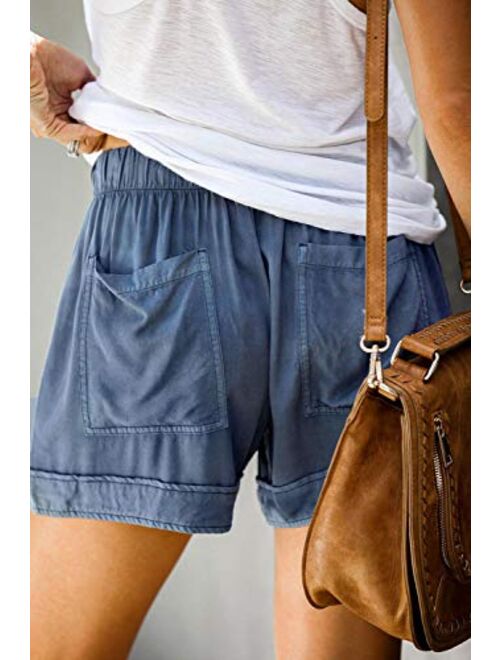 MEROKEETY Women's Elastic Waist Drawstring Belt Solid Color Comfy Shorts with Pockets