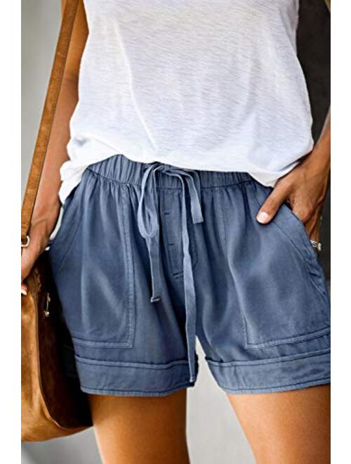 MEROKEETY Women's Elastic Waist Drawstring Belt Solid Color Comfy Shorts with Pockets