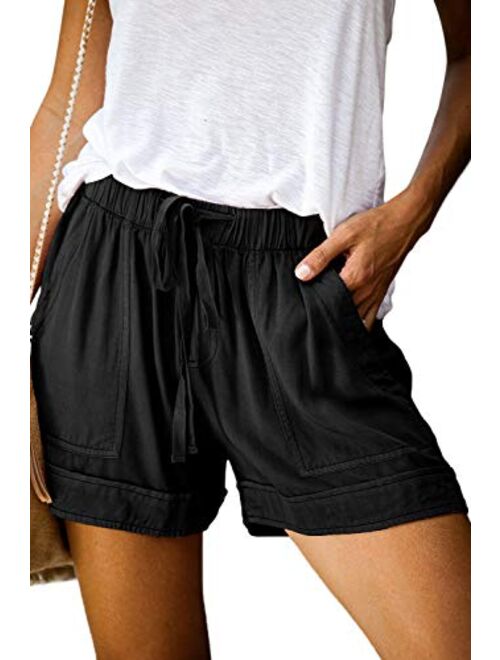 Womens Casual Drawstring Elastic Waist Comfy Summer Pure Color Shorts with Pockets
