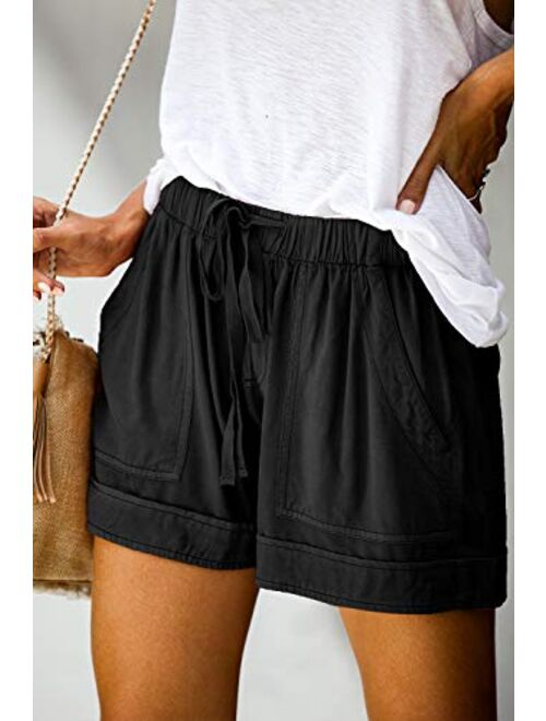 Womens Casual Drawstring Elastic Waist Comfy Summer Pure Color Shorts with Pockets