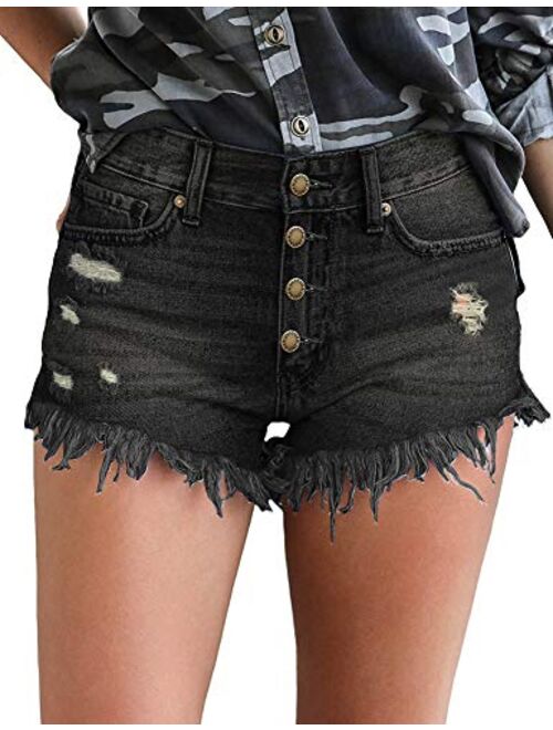 LookbookStore Women Summer Mid Waisted Cuffed Hem Buttons Denim Jean Shorts