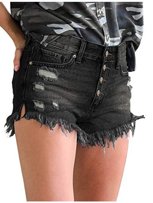 LookbookStore Women Summer Mid Waisted Cuffed Hem Buttons Denim Jean Shorts