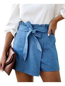 Pofash Women's Denim Paper Bag Waist Jersey Walking Shorts Jeans with Waist Tie Pockets