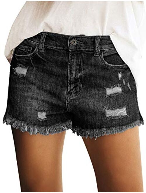 LookbookStore Women's Casual Mid Rise Ripped Denim Shorts Frayed Raw Hem Jeans