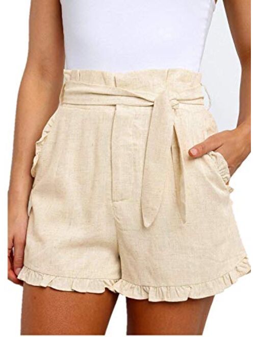 Paitluc Womens Elastic Waist Side Pockets Ruffle Cotton Linen Shorts Summer Casual Size S-XL