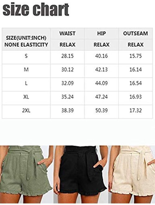 Paitluc Womens Elastic Waist Side Pockets Ruffle Cotton Linen Shorts Summer Casual Size S-XL