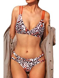 Women's Orange Trim Leopard Print V Neck Strappy Reversible Bottom Bikini Sets