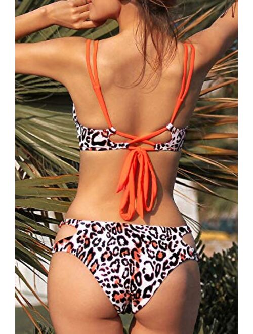 CUPSHE Women's Orange Trim Leopard Print V Neck Strappy Reversible Bottom Bikini Sets